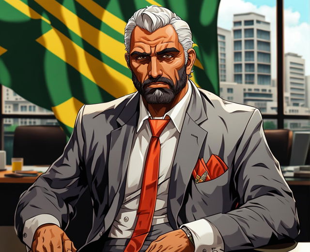 Character design for Miguel "El Jefe" Santana, a charismatic and powerful Brazilian leader in his late forties with a tanned complexion, graying hair, and a neatly trimmed beard