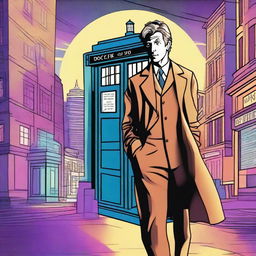 A detailed illustration of Doctor Who, featuring the iconic TARDIS in the background