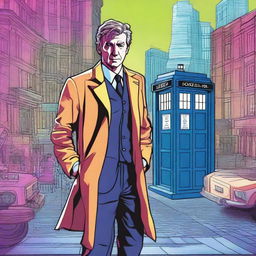 A detailed illustration of Doctor Who, featuring the iconic TARDIS in the background