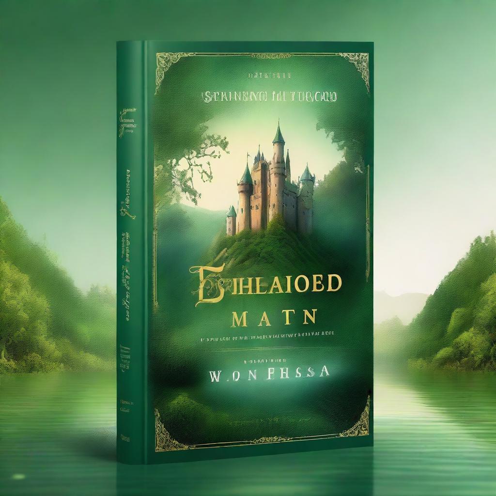 A captivating book cover featuring an enchanting fantasy landscape with a majestic castle in the background, lush green forests, and a sparkling river