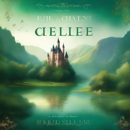 A captivating book cover featuring an enchanting fantasy landscape with a majestic castle in the background, lush green forests, and a sparkling river