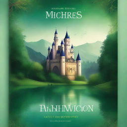 A captivating book cover featuring an enchanting fantasy landscape with a majestic castle in the background, lush green forests, and a sparkling river