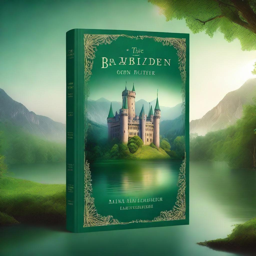 A captivating book cover featuring an enchanting fantasy landscape with a majestic castle in the background, lush green forests, and a sparkling river