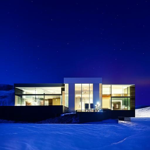 A large, modern mansion nestled in the stunning landscape of Iceland, with snowy mountains in the backdrop and the Northern Lights dancing in the night sky.