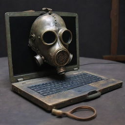 A laptop remodeled in a gaspunk style, with tarnished metal casing, gas-mask-inspired ventilation system, and a brooding, atmospheric color scheme.