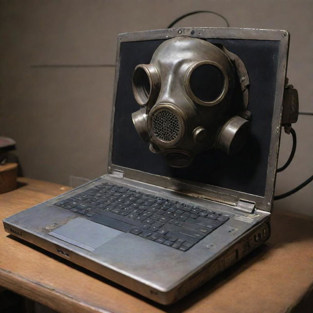 A laptop remodeled in a gaspunk style, with tarnished metal casing, gas-mask-inspired ventilation system, and a brooding, atmospheric color scheme.