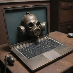 A laptop remodeled in a gaspunk style, with tarnished metal casing, gas-mask-inspired ventilation system, and a brooding, atmospheric color scheme.