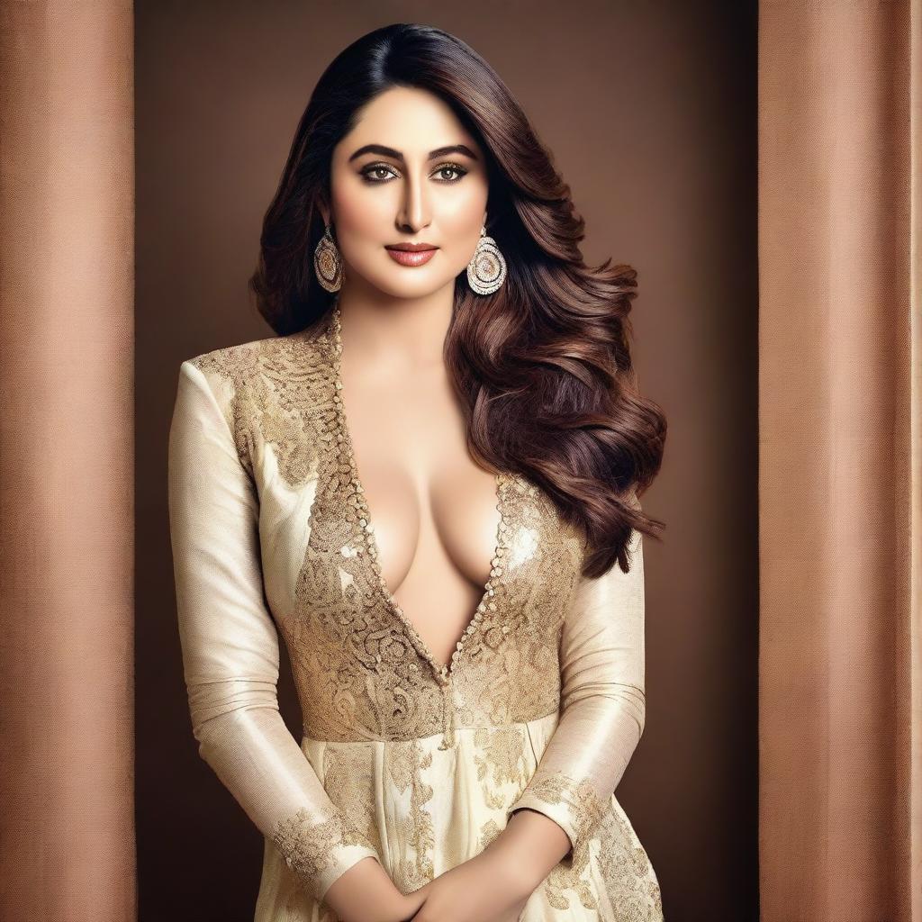 A glamorous and alluring image of Kareena Kapoor, dressed in elegant attire, posing confidently with a seductive expression