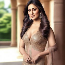 A glamorous and alluring image of Kareena Kapoor, dressed in elegant attire, posing confidently with a seductive expression