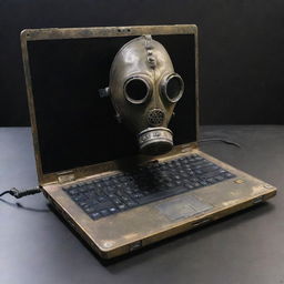 A laptop remodeled in a gaspunk style, with tarnished metal casing, gas-mask-inspired ventilation system, and a brooding, atmospheric color scheme.