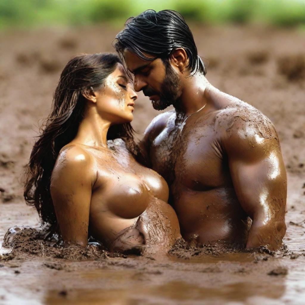 A sensual scene featuring a glamorous woman named Kareena and a handsome man, both covered in mud