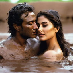 A sensual scene featuring a glamorous woman named Kareena and a handsome man, both covered in mud