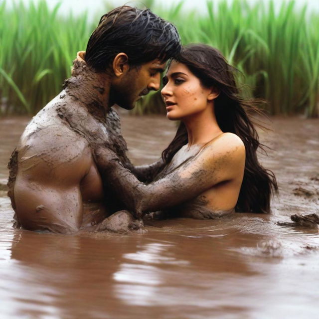 A sensual scene featuring a glamorous woman named Kareena and a handsome man, both covered in mud