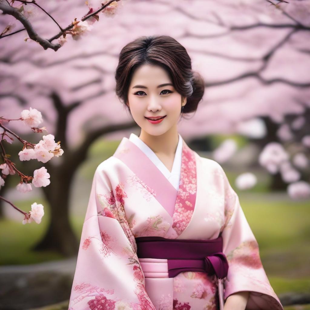 A beautiful Japanese woman dressed in traditional kimono, standing in a serene Japanese garden with cherry blossom trees in full bloom