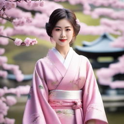 A beautiful Japanese woman dressed in traditional kimono, standing in a serene Japanese garden with cherry blossom trees in full bloom