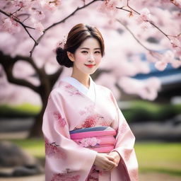 A beautiful Japanese woman dressed in traditional kimono, standing in a serene Japanese garden with cherry blossom trees in full bloom