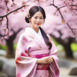 A beautiful Japanese woman dressed in traditional kimono, standing in a serene Japanese garden with cherry blossom trees in full bloom