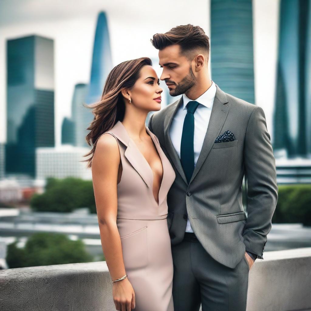 A stylish and attractive couple posing together in an urban setting