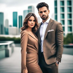 A stylish and attractive couple posing together in an urban setting