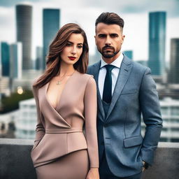 A stylish and attractive couple posing together in an urban setting