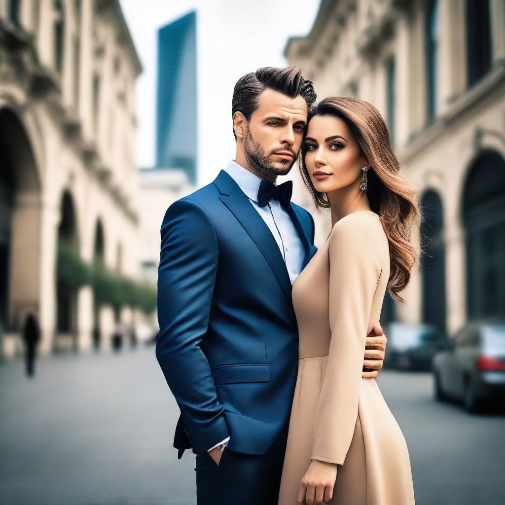 A stylish and attractive couple posing together in an urban setting