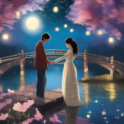 A romantic scene featuring a couple in love, holding hands and gazing into each other's eyes under a starlit sky