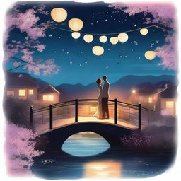 A romantic scene featuring a couple in love, holding hands and gazing into each other's eyes under a starlit sky