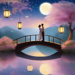 A romantic scene featuring a couple in love, holding hands and gazing into each other's eyes under a starlit sky