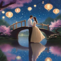 A romantic scene featuring a couple in love, holding hands and gazing into each other's eyes under a starlit sky