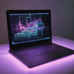 A laptop reinvented in an electropunk interpretation, gleaming with neon lights, covered in digital interfaces, and pulsing with electric energy.