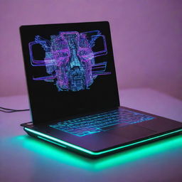 A laptop reinvented in an electropunk interpretation, gleaming with neon lights, covered in digital interfaces, and pulsing with electric energy.