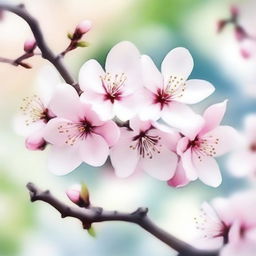 A beautiful cherry blossom tree in full bloom, depicted in a delicate watercolor painting style