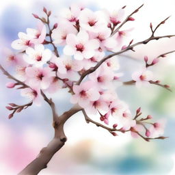 A beautiful cherry blossom tree in full bloom, depicted in a delicate watercolor painting style