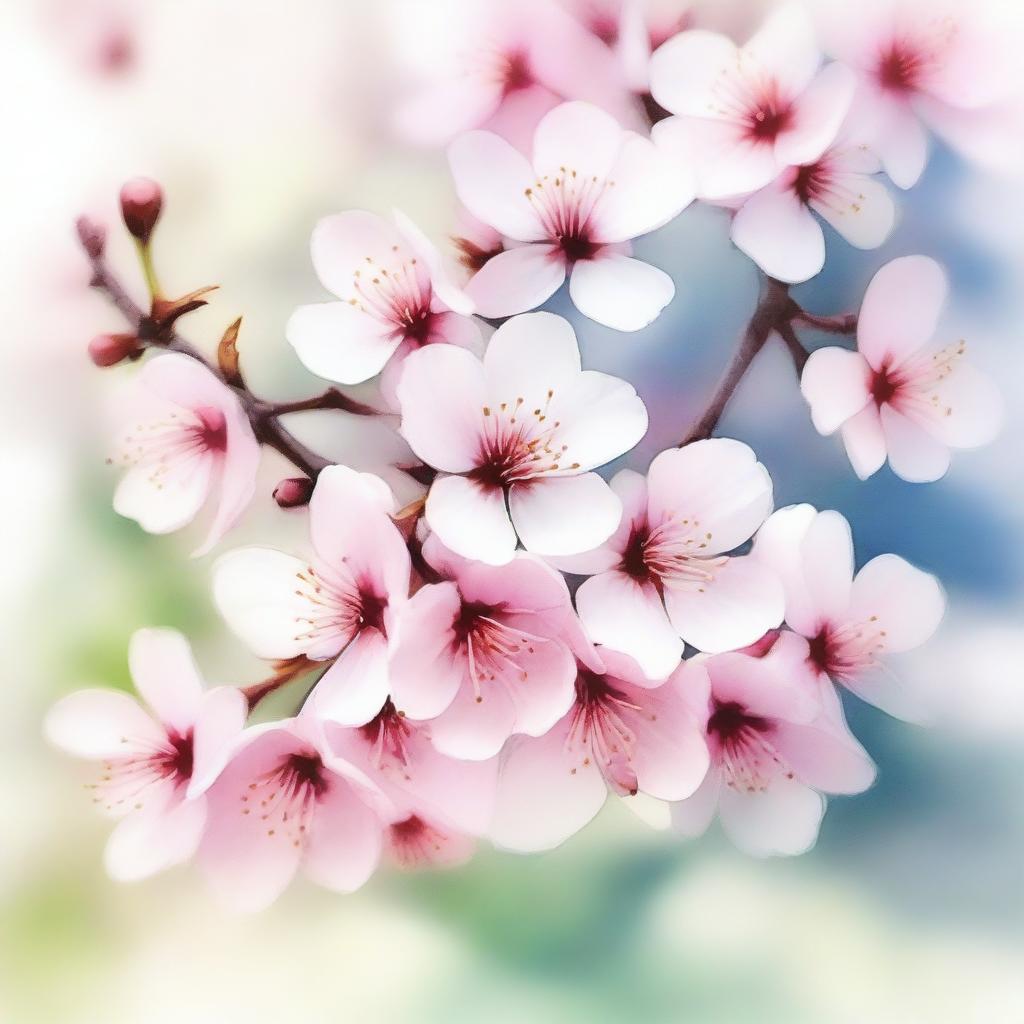 A beautiful cherry blossom tree in full bloom, depicted in a delicate watercolor painting style