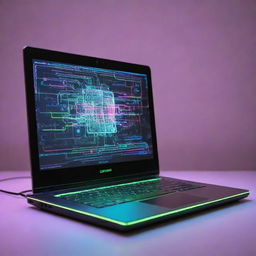 A laptop reinvented in an electropunk interpretation, gleaming with neon lights, covered in digital interfaces, and pulsing with electric energy.