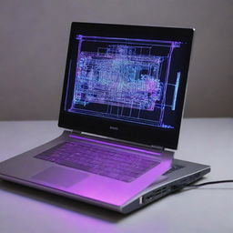 A laptop reinvented in an electropunk interpretation, gleaming with neon lights, covered in digital interfaces, and pulsing with electric energy.