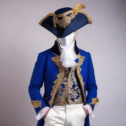 A man wearing a decorative masquerade facial mask, a tricorn hat, a royal blue waistcoat, and white breeches