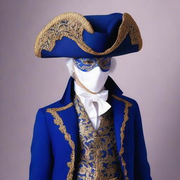 A man wearing a decorative masquerade facial mask, a tricorn hat, a royal blue waistcoat, and white breeches