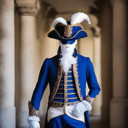 A man wearing a decorative masquerade facial mask, a tricorn hat, a royal blue waistcoat, and white breeches