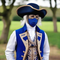 A man wearing a decorative masquerade facial mask, a tricorn hat, a royal blue waistcoat, and white breeches