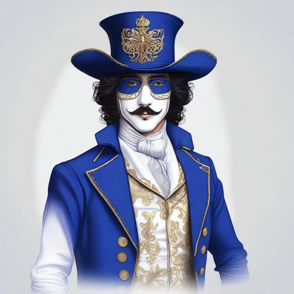 A 2D illustration of a man with dark wavy hair, wearing a decorative masquerade facial mask, a tricorn hat, a royal blue waistcoat, and white breeches