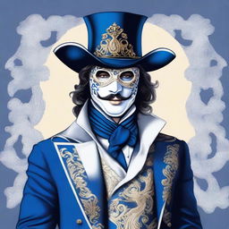 A 2D illustration of a man with dark wavy hair, wearing a decorative masquerade facial mask, a tricorn hat, a royal blue waistcoat, and white breeches