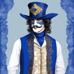 A 2D illustration of a man with dark wavy hair, wearing a decorative masquerade facial mask, a tricorn hat, a royal blue waistcoat, and white breeches