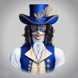 A 2D illustration of a man with dark wavy hair, wearing a decorative masquerade facial mask, a tricorn hat, a royal blue waistcoat, and white breeches