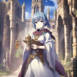 A vibrant and detailed scene from an isekai anime, featuring a protagonist in a fantastical world with magical creatures and medieval architecture