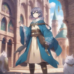 A vibrant and detailed scene from an isekai anime, featuring a protagonist in a fantastical world with magical creatures and medieval architecture