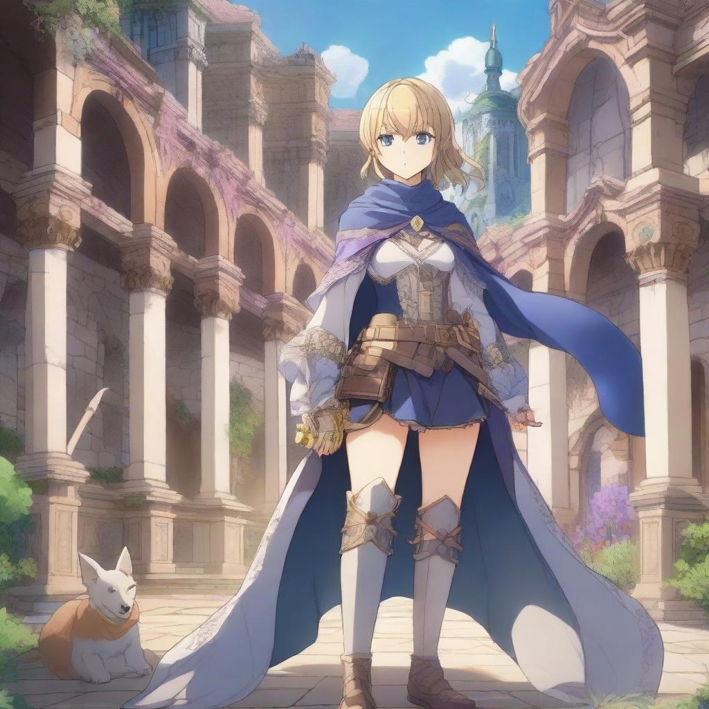 A vibrant and detailed scene from an isekai anime, featuring a protagonist in a fantastical world with magical creatures and medieval architecture