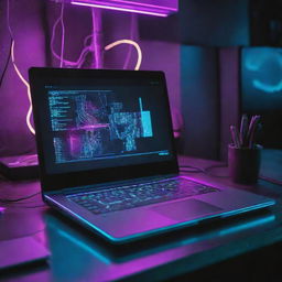 A laptop transformed by a cyberpunk aesthetic, brimming with neon lights, futuristic displays, holographic keys, and a touch of high-tech dystopia.