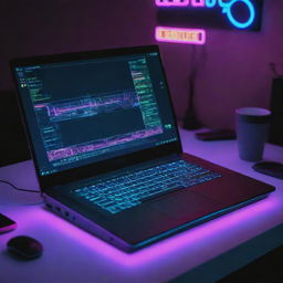 A laptop transformed by a cyberpunk aesthetic, brimming with neon lights, futuristic displays, holographic keys, and a touch of high-tech dystopia.