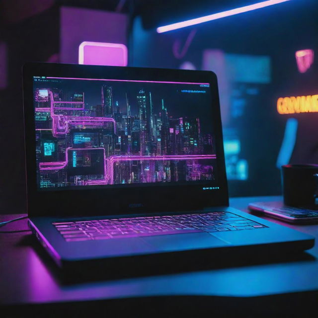 A laptop transformed by a cyberpunk aesthetic, brimming with neon lights, futuristic displays, holographic keys, and a touch of high-tech dystopia.